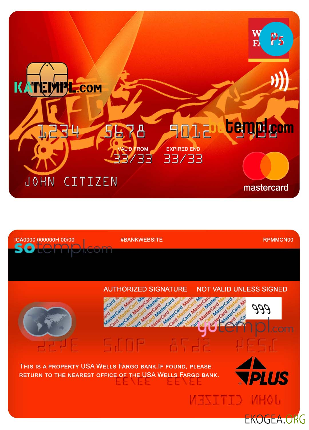 USA Wells Fargo bank mastercard, modèle entièrement modifiable au format PSD